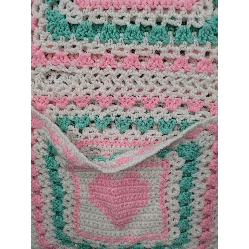 Handmade Crochet Crib Blanket Baby Girls Pink Heart Squares 38x58 Multicolor